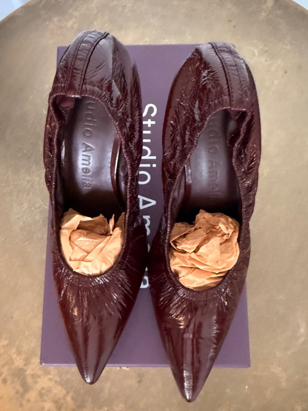 Studio Amelia Rhodes 90 Bordeaux Crinkle Leather Pumps Heels EU 38 w/ Box